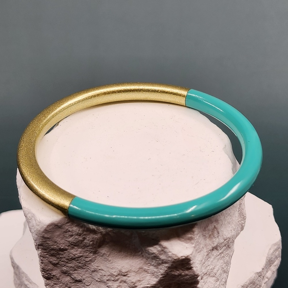 Turquoise Blue Enamel Gold Tone Two Tone Chunky Bangle Bracelet Fashion Jewelry